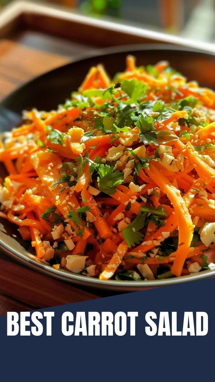 A vibrant bowl of the viral TikTok carrot salad, featuring shredded carrots and fresh herbs.