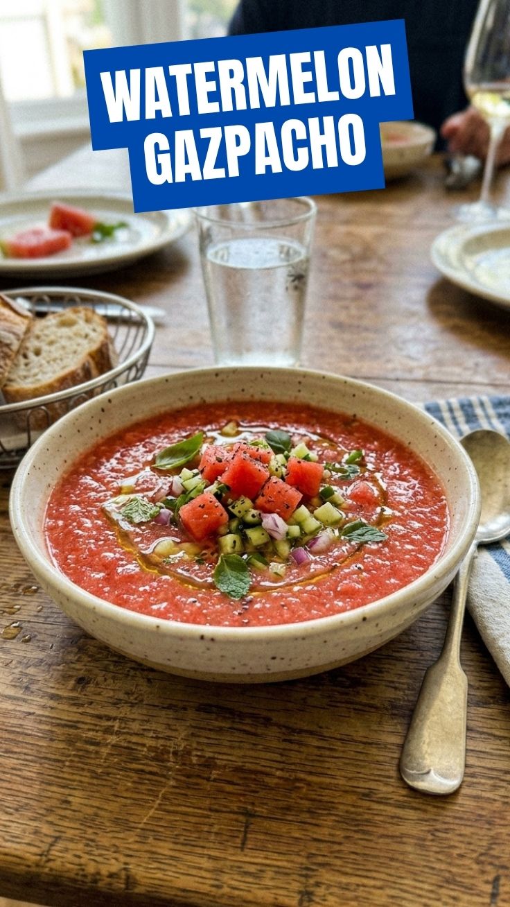 Watermelon Gazpacho Chilled Soup served in a glass bowl with mint garnish