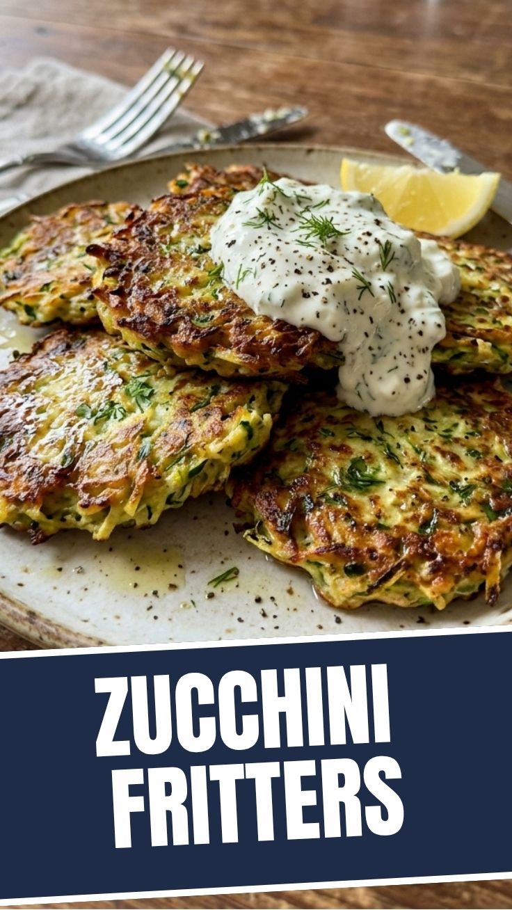 A plate of golden-brown zucchini fritters, perfectly cooked and ready to serve.