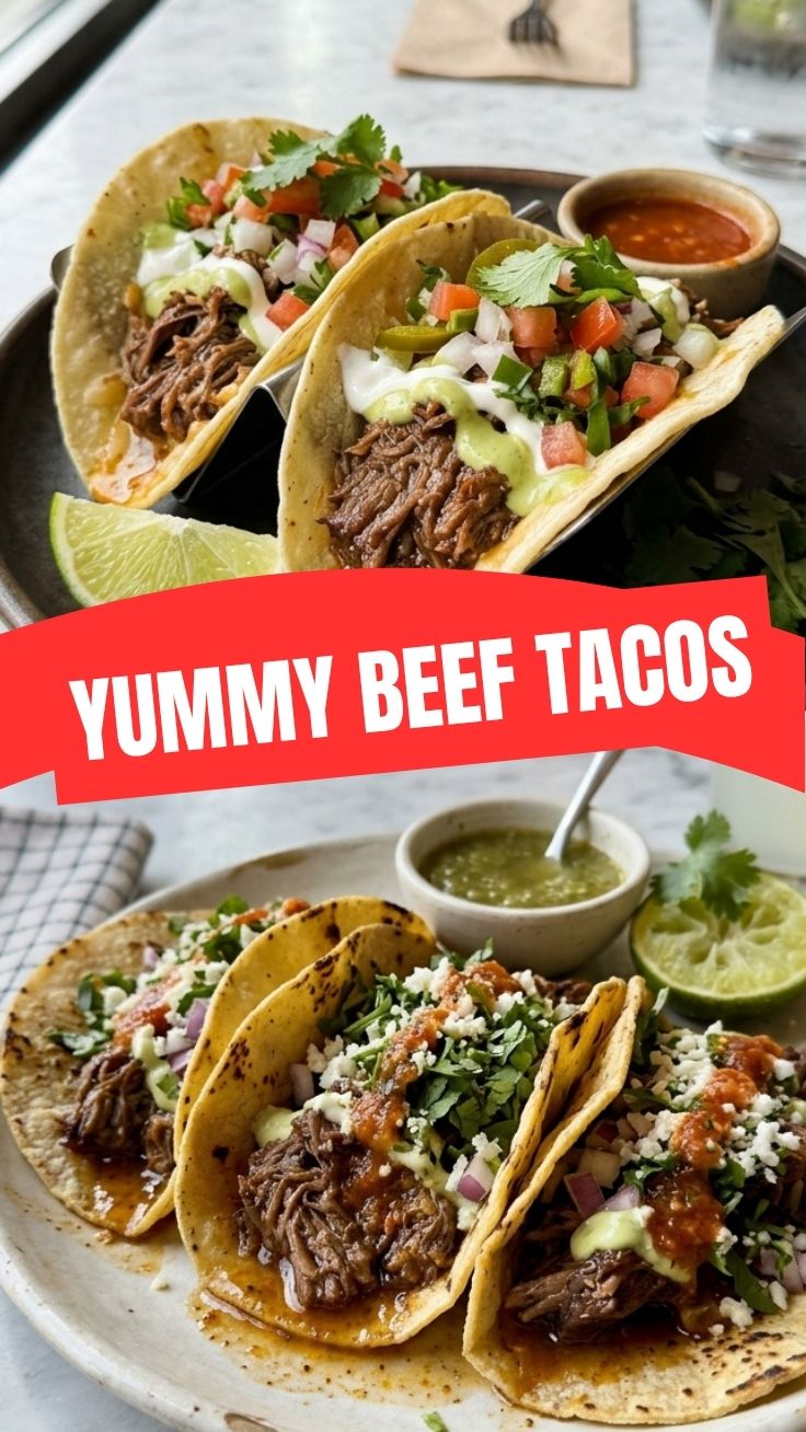 Close-up of three beef tacos with fresh toppings