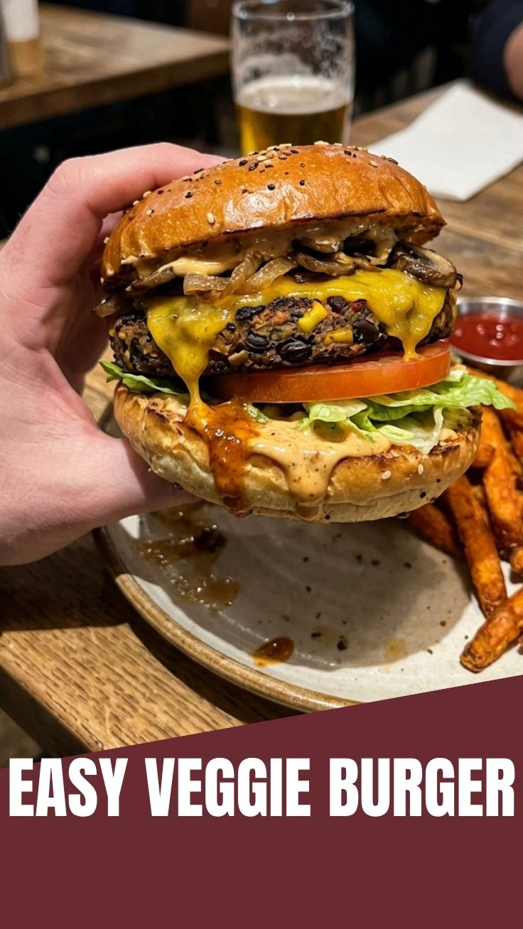 A delicious black bean veggie burger served with fresh toppings.