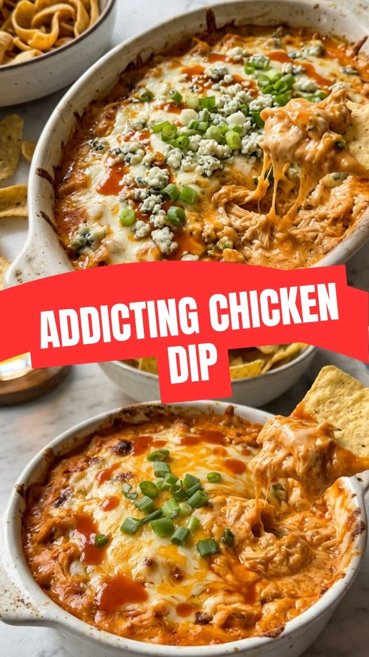 A hot and cheesy buffalo chicken dip in a baking dish, ready to serve.