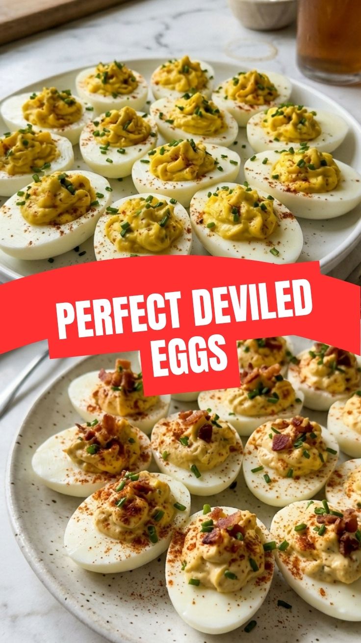 A platter of classic deviled eggs, neatly arranged and garnished.