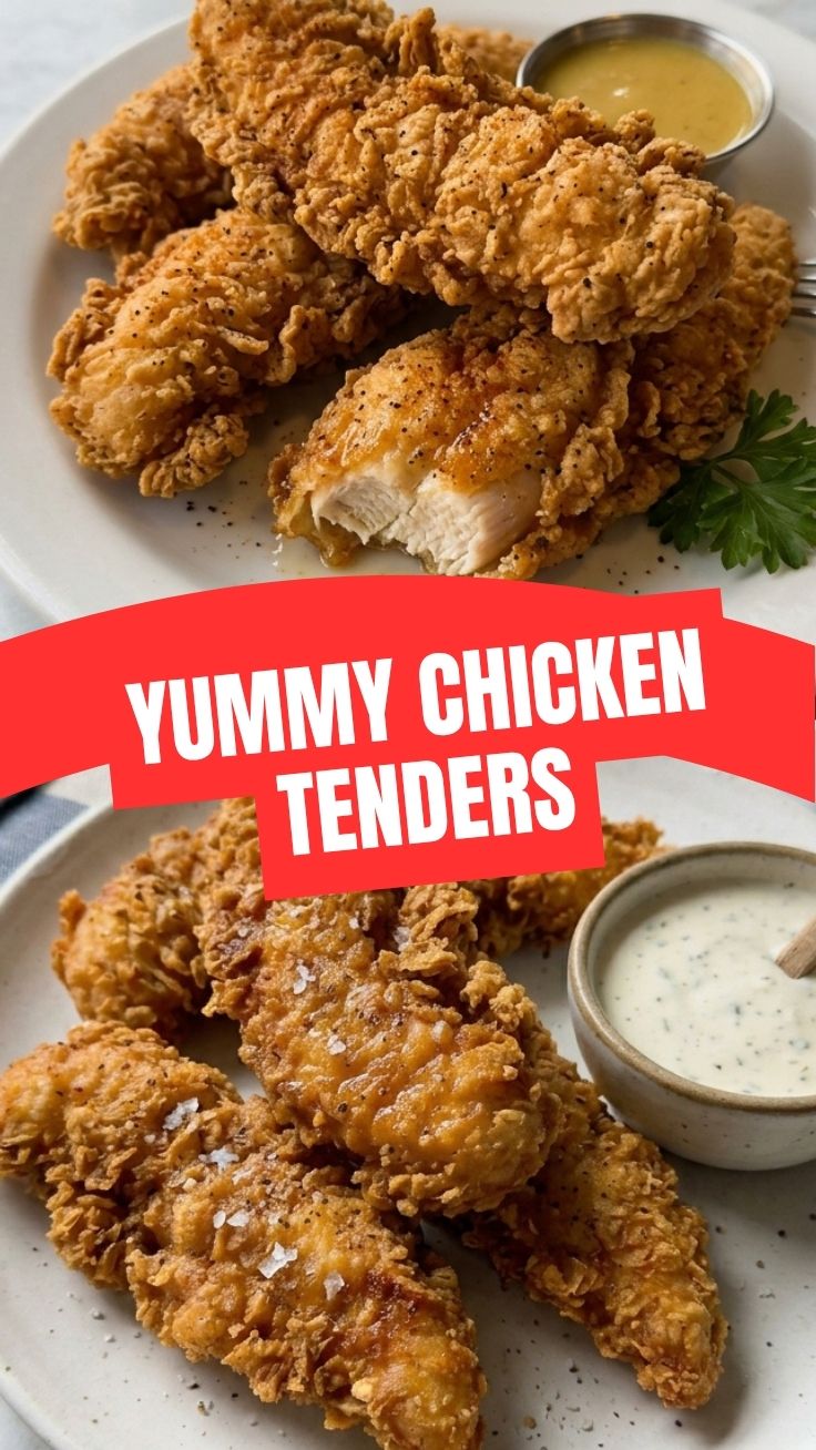 Golden-brown crispy chicken tenders, perfectly fried to a juicy finish.