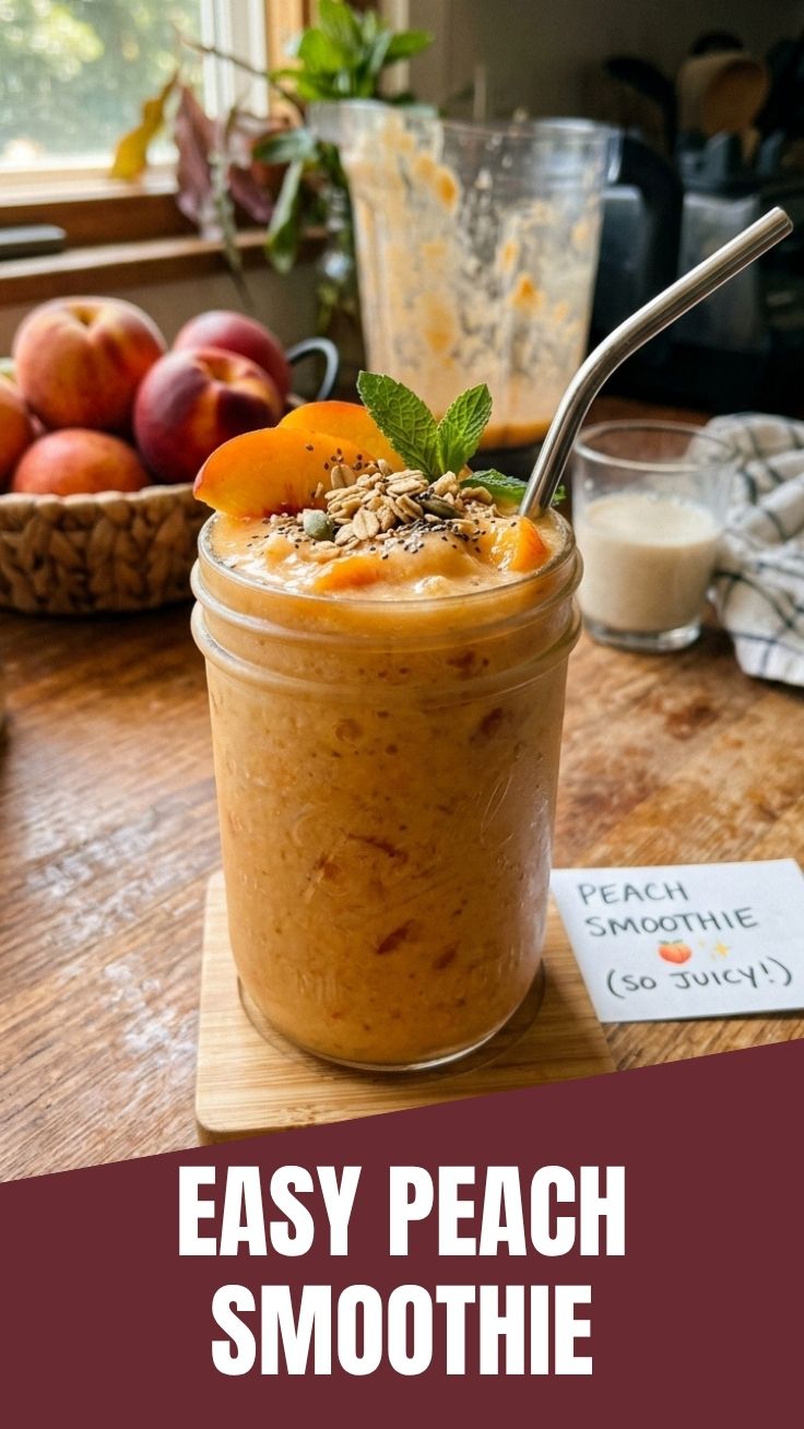 A vibrant peach smoothie in a clear glass with fresh peach slices for garnish.