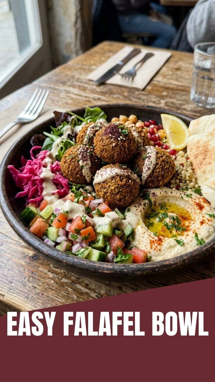 A vibrant falafel bowl filled with fresh ingredients
