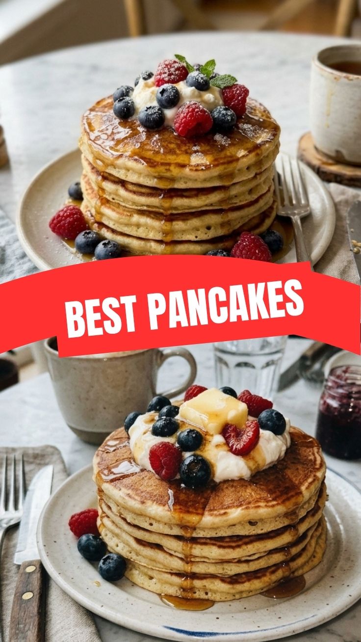 Stack of fluffy homemade pancakes drizzled with syrup