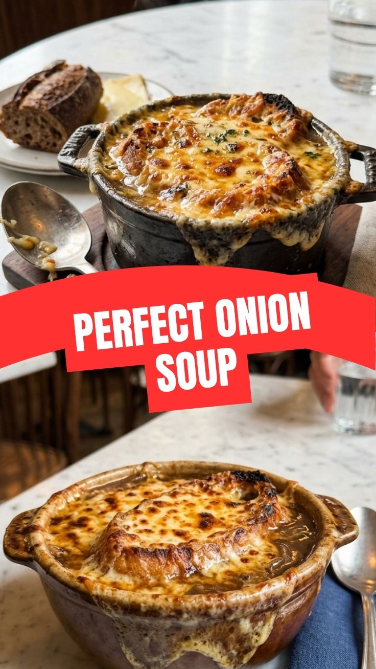 A steaming bowl of French onion soup with melted cheese and croutons