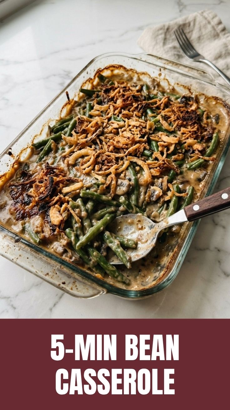 A classic green bean casserole in a white baking dish, ready to serve.