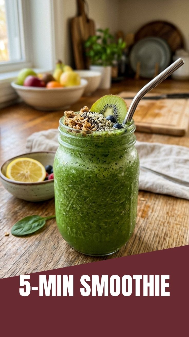 A vibrant green detox smoothie in a clear glass bottle, ready to drink.
