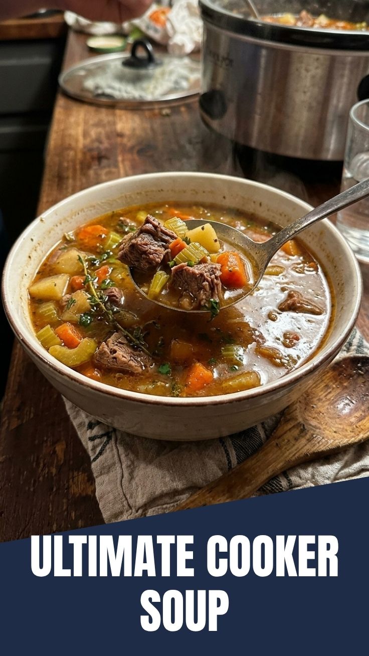 Bowl of healthy slow cooker soup with herb garnish