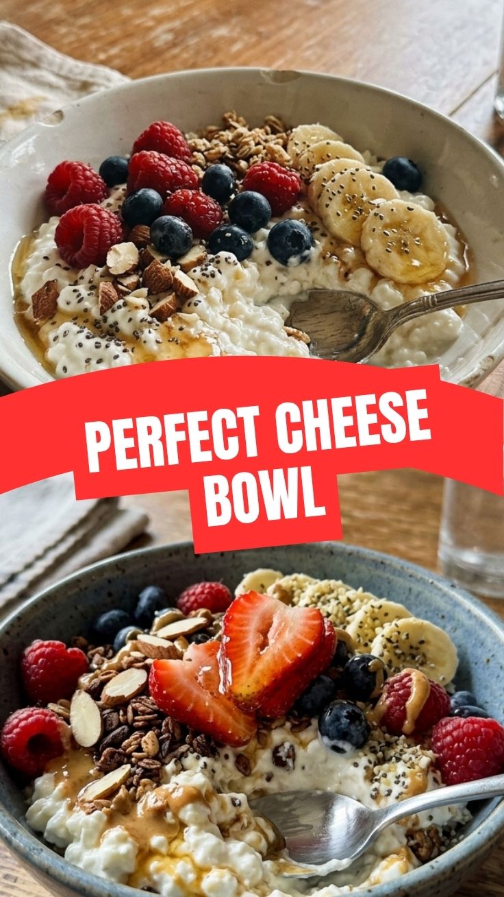 A colorful high protein cottage cheese bowl topped with fresh fruit and nuts for a healthy breakfast.