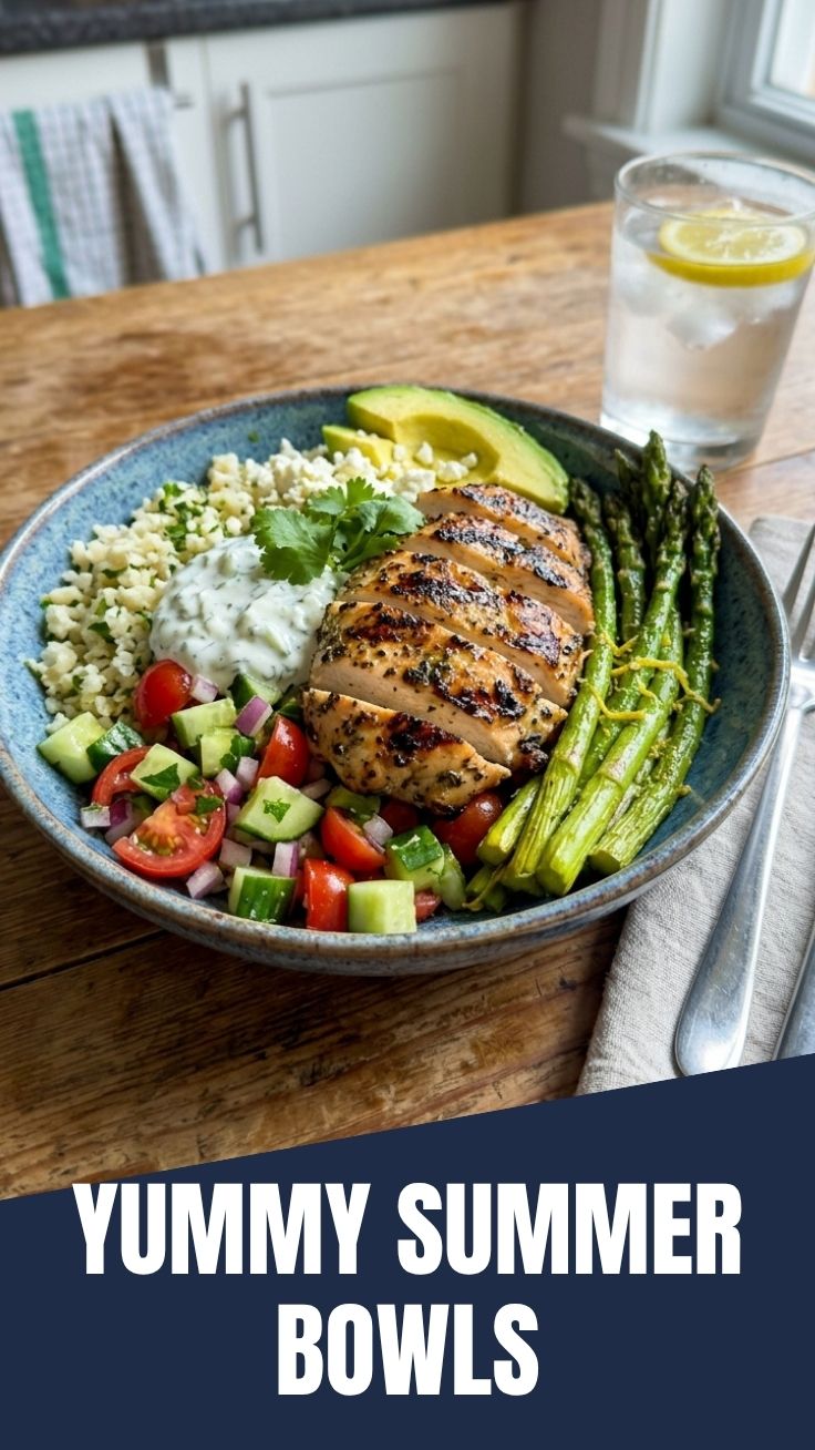 A vibrant low calorie summer bowl filled with fresh vegetables and lean protein.