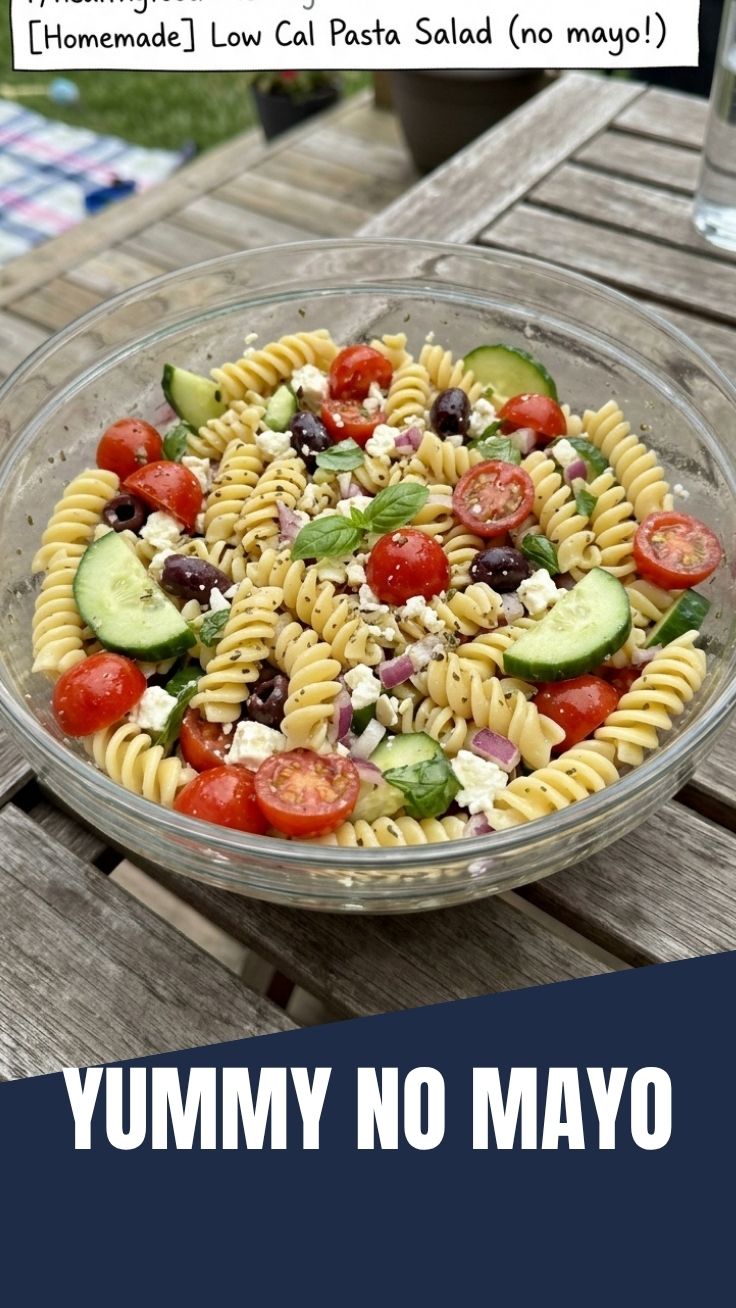 A vibrant low calorie summer pasta salad without mayo in a large bowl