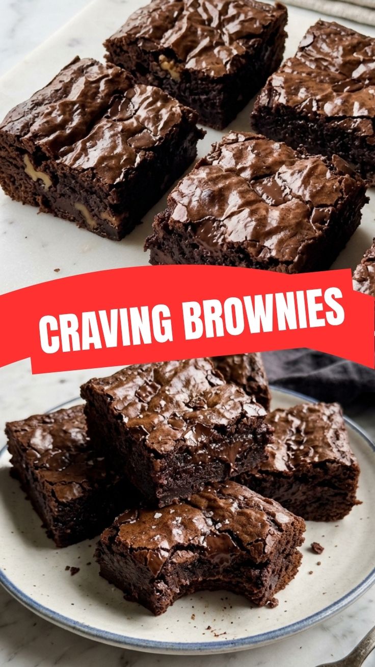 A close-up shot of rich, fudgy brownies with a crinkly top