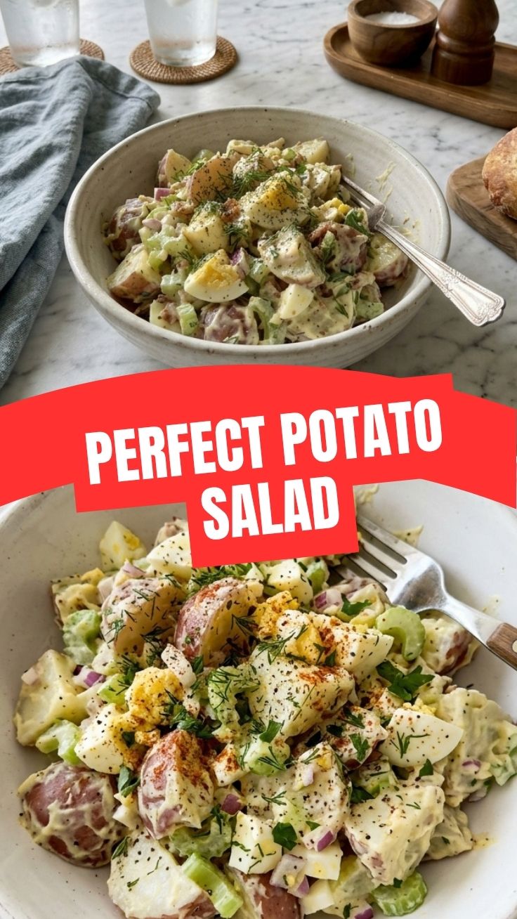 A bowl of creamy homemade potato salad with fresh herbs.