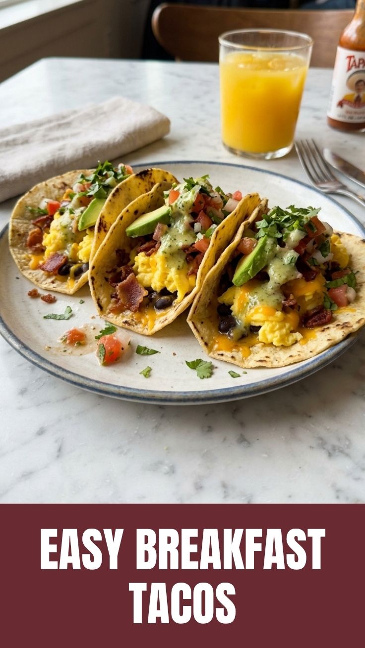 Close-up photo of delicious breakfast tacos with eggs, cheese, and salsa