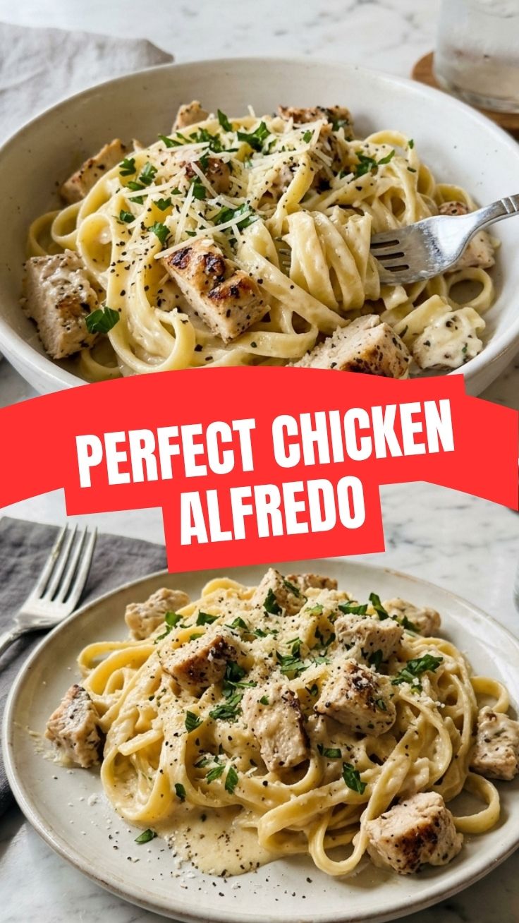 A serving of savory chicken alfredo with tender chicken and fettuccine pasta