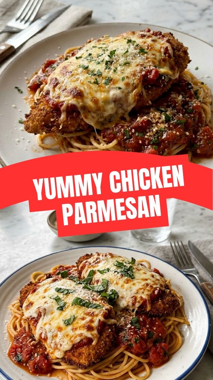 A plate showcasing a savory chicken parmesan dish with melted cheese and marinara sauce.