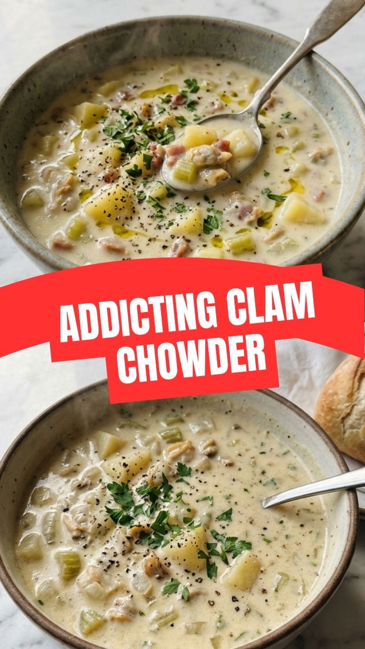 A steaming bowl of savory clam chowder garnished with fresh herbs.