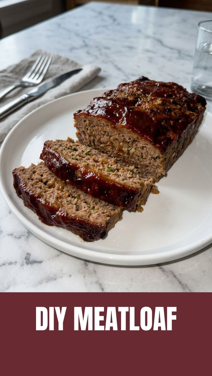 A freshly baked meatloaf, still warm from the oven, with a glistening glaze.