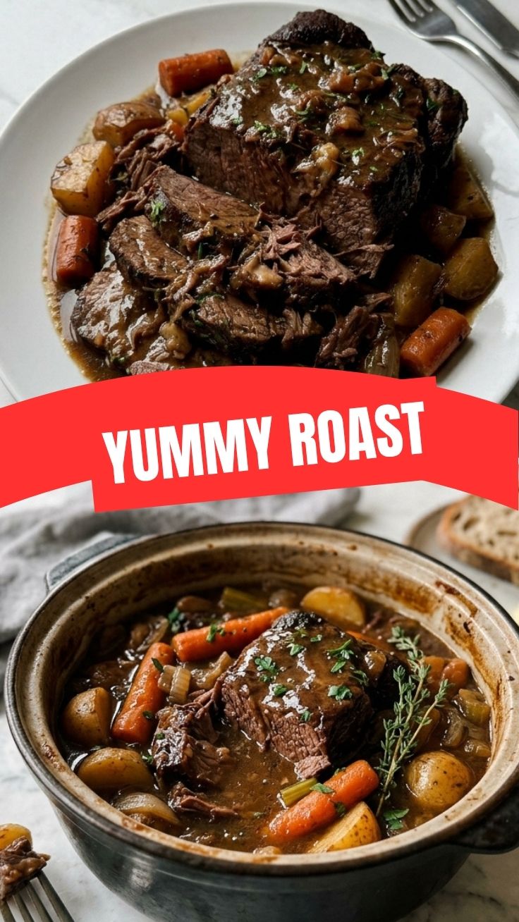 A tender, slow-cooked pot roast garnished with fresh herbs and vegetables.