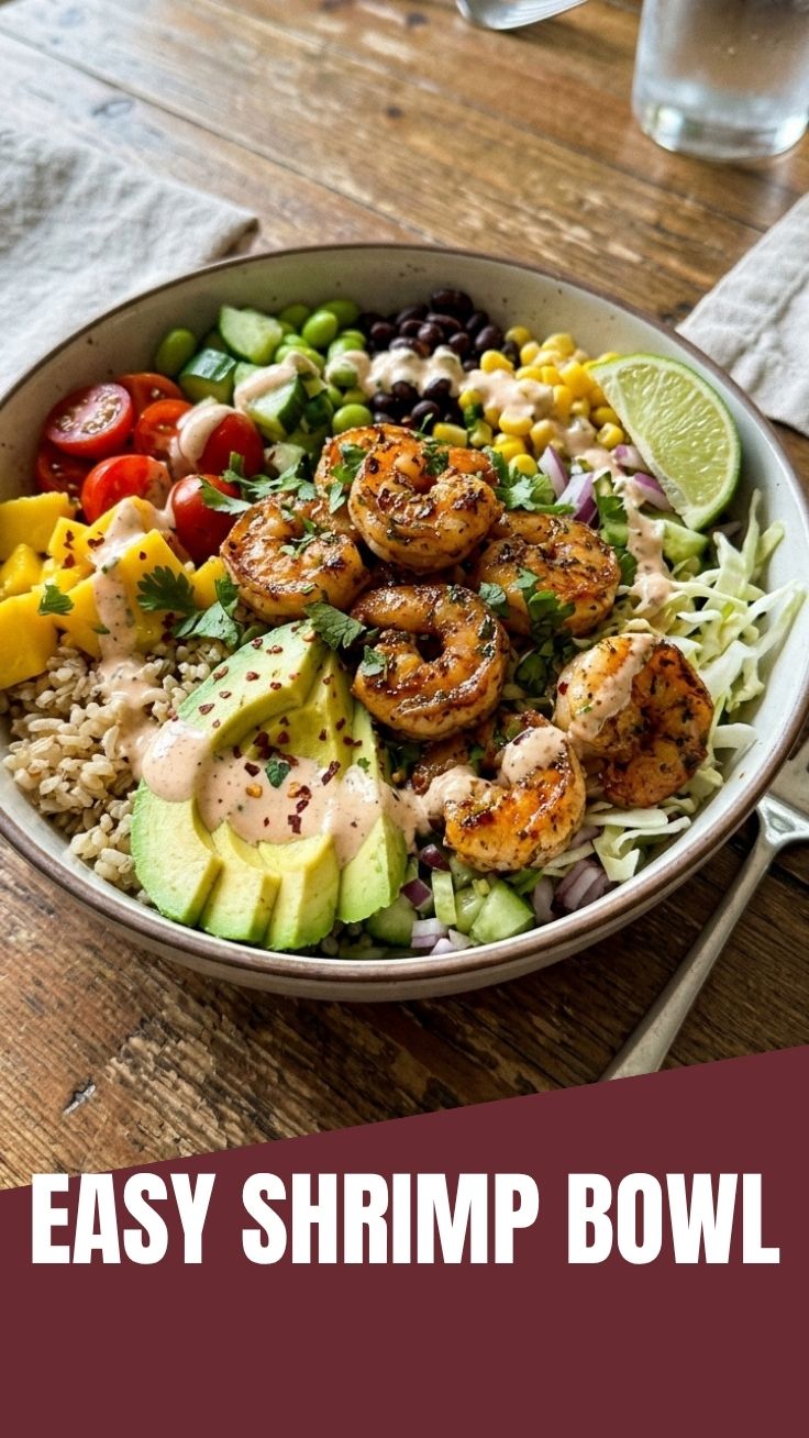 A colorful shrimp bowl filled with fresh ingredients and vibrant sauces.