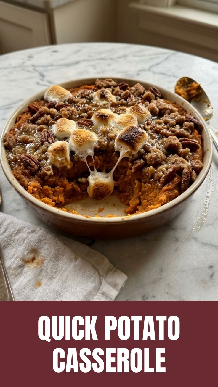 A cozy sweet potato casserole with a golden-brown toasted marshmallow topping.