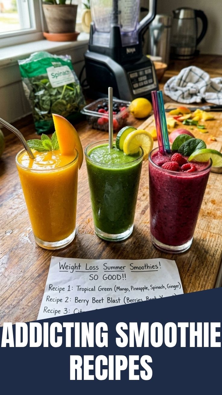 An array of vibrant weight loss summer smoothie recipes in clear glasses, garnished with fresh fruit