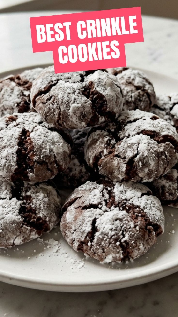 Chocolate Crinkle Cookies stacked on a decorative plate, showcasing their signature crackled tops and powdered sugar coating