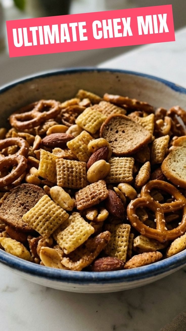 Crunchy homemade Chex Mix in a ceramic bowl