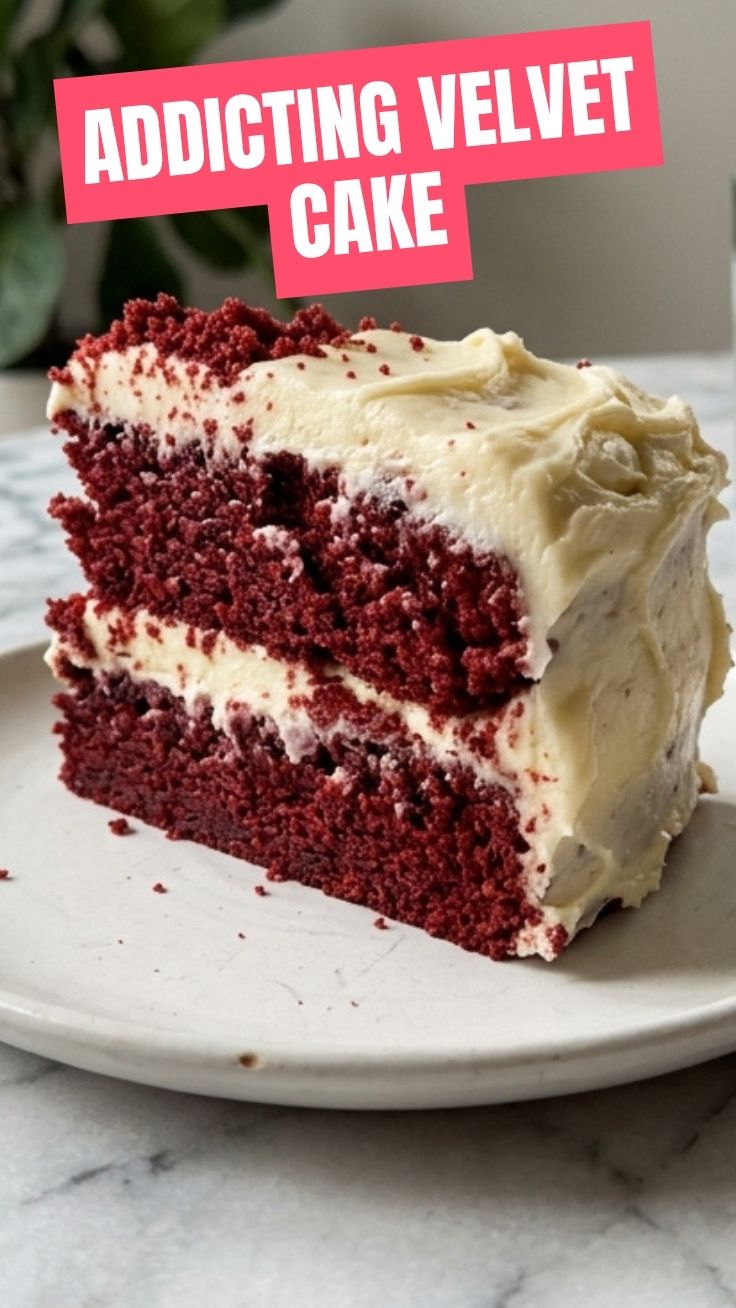 Moist red velvet cake layers with cream cheese frosting