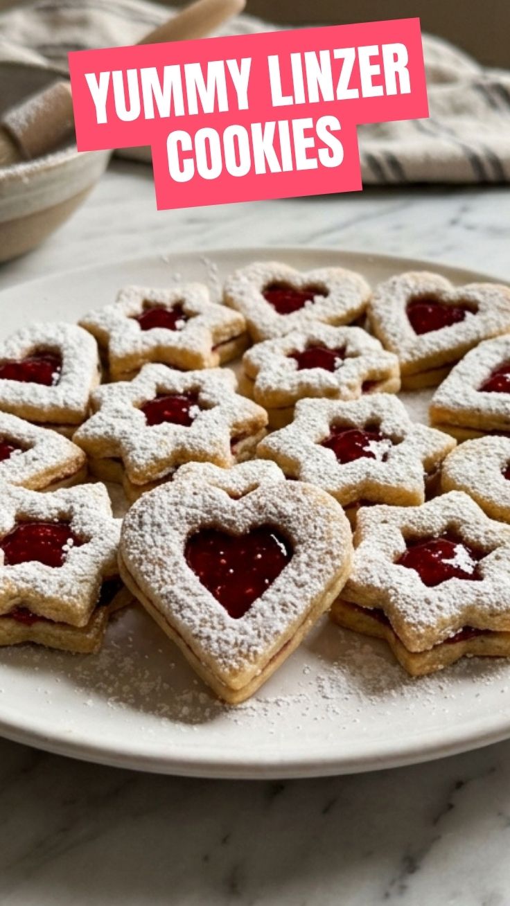 Linzer cookies dusted with powdered sugar on a cooling rack