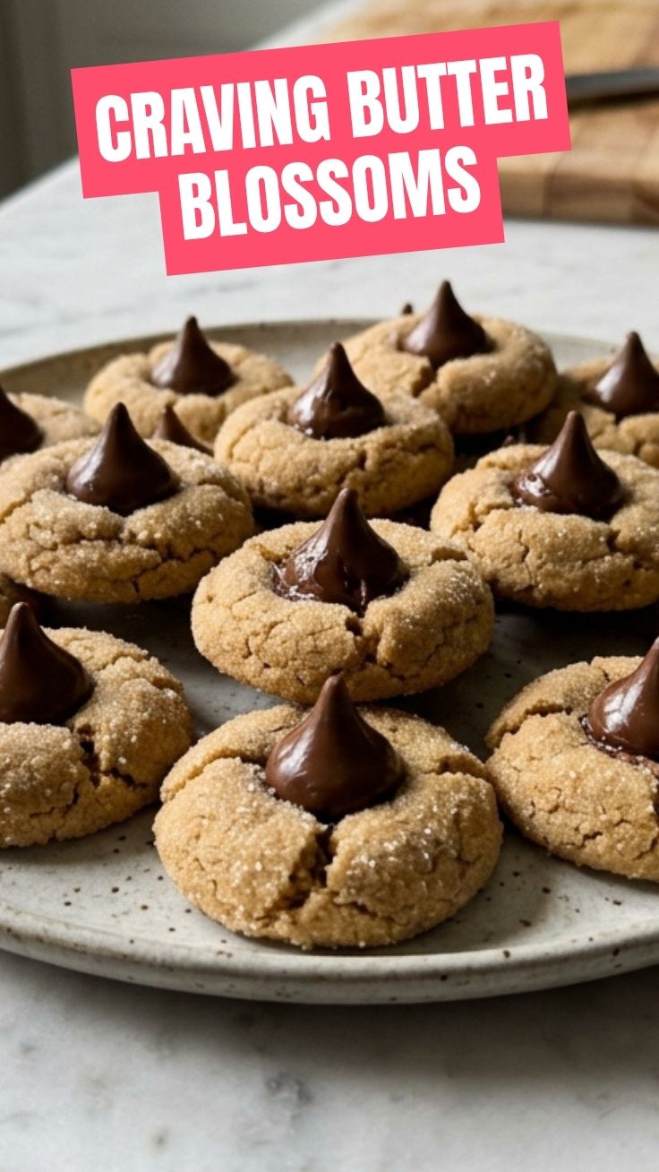 Freshly baked Peanut Butter Blossoms on a cooling rack