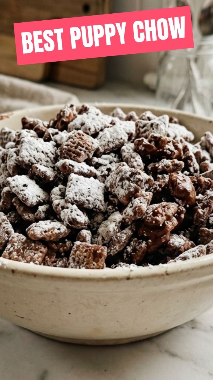 Freshly made Puppy Chow in a ceramic bowl