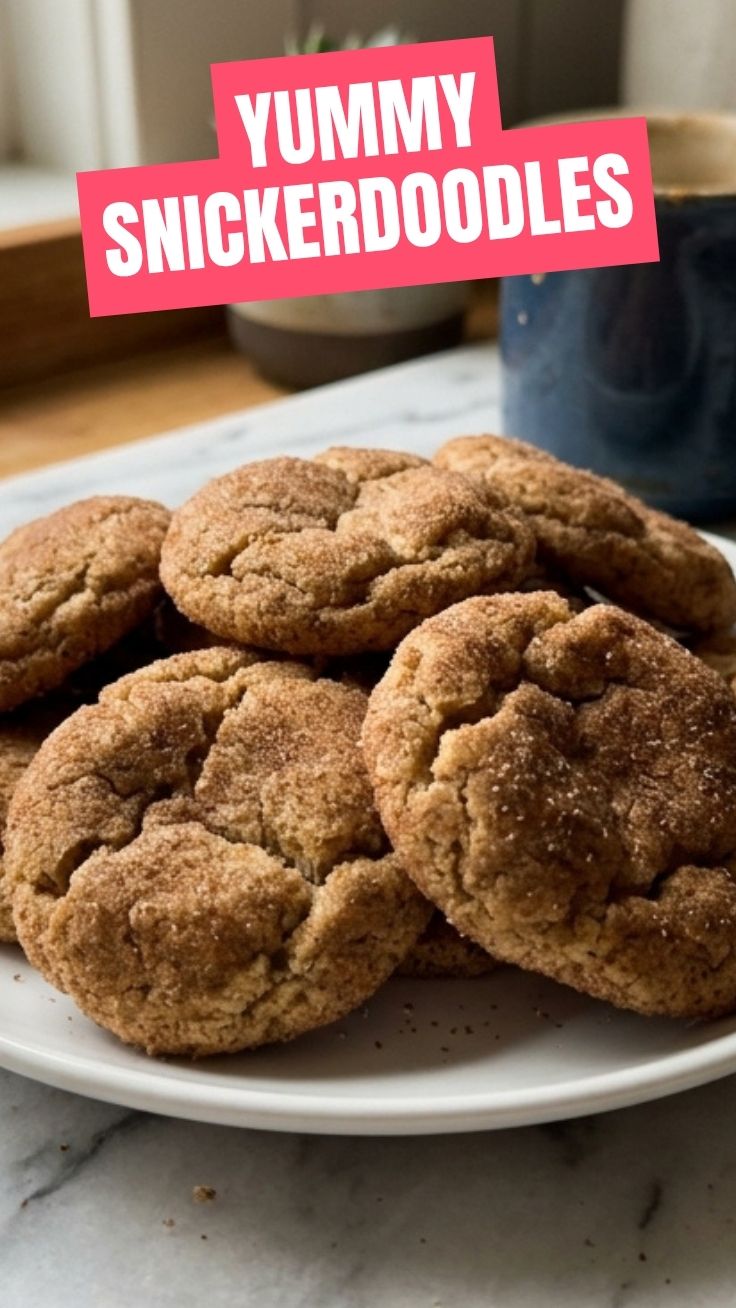Freshly baked Snickerdoodle cookies on a cooling rack, showing a cracked, cinnamon-sugar top.