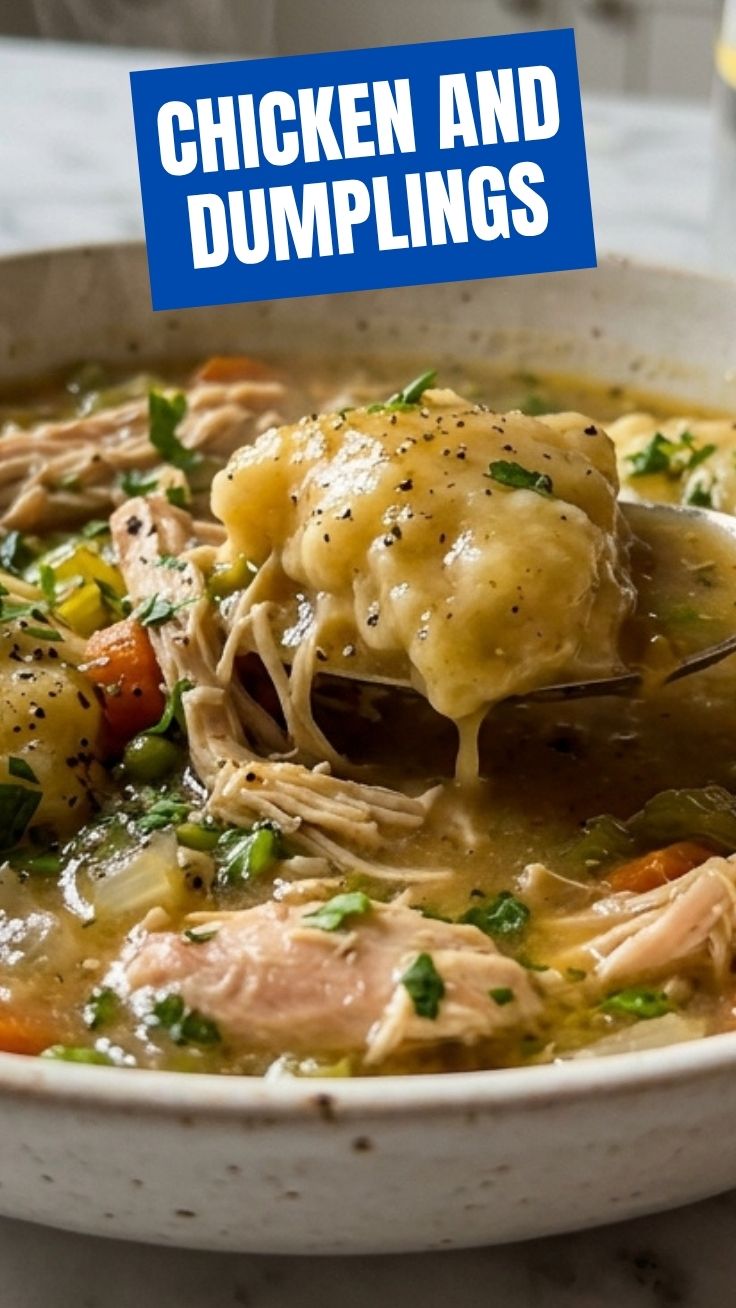 Chicken and dumplings savory meal in a Dutch oven