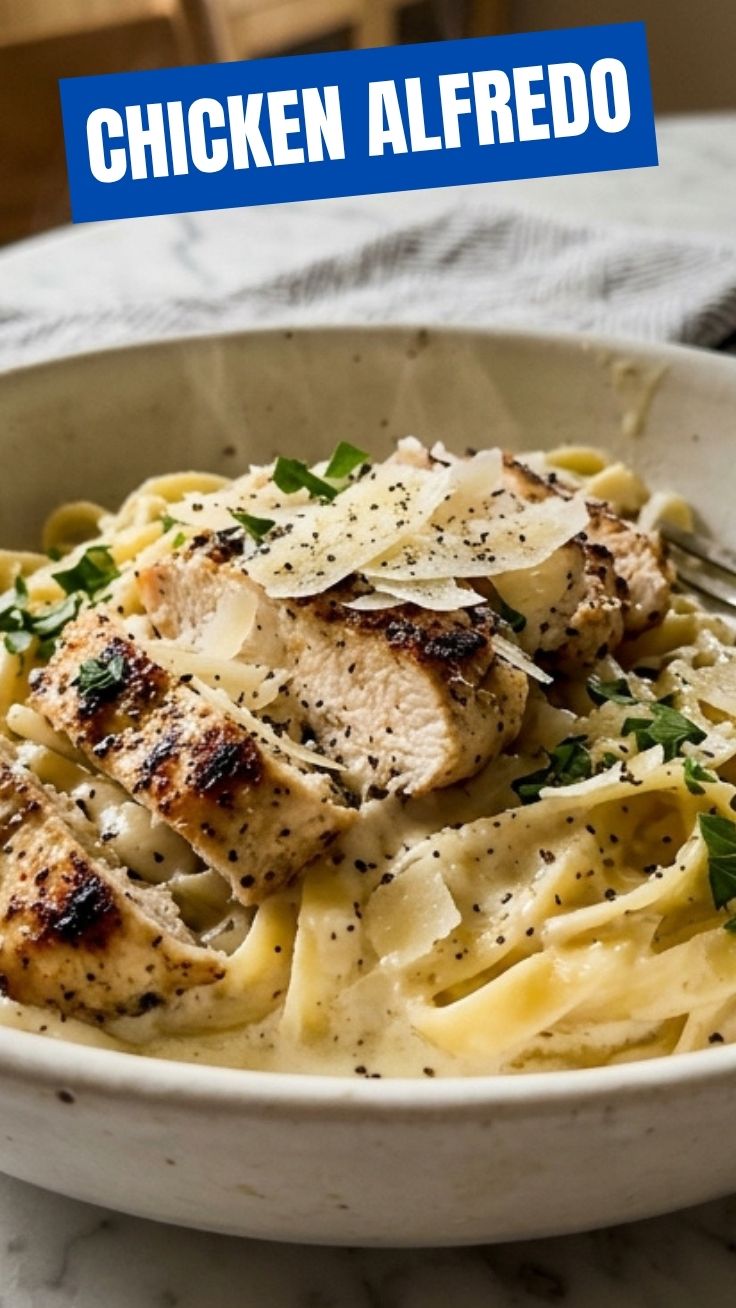 A serving of creamy chicken alfredo pasta with grilled chicken pieces and parsley.
