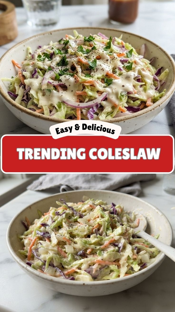 Creamy coleslaw in a white bowl with crunchy toppings