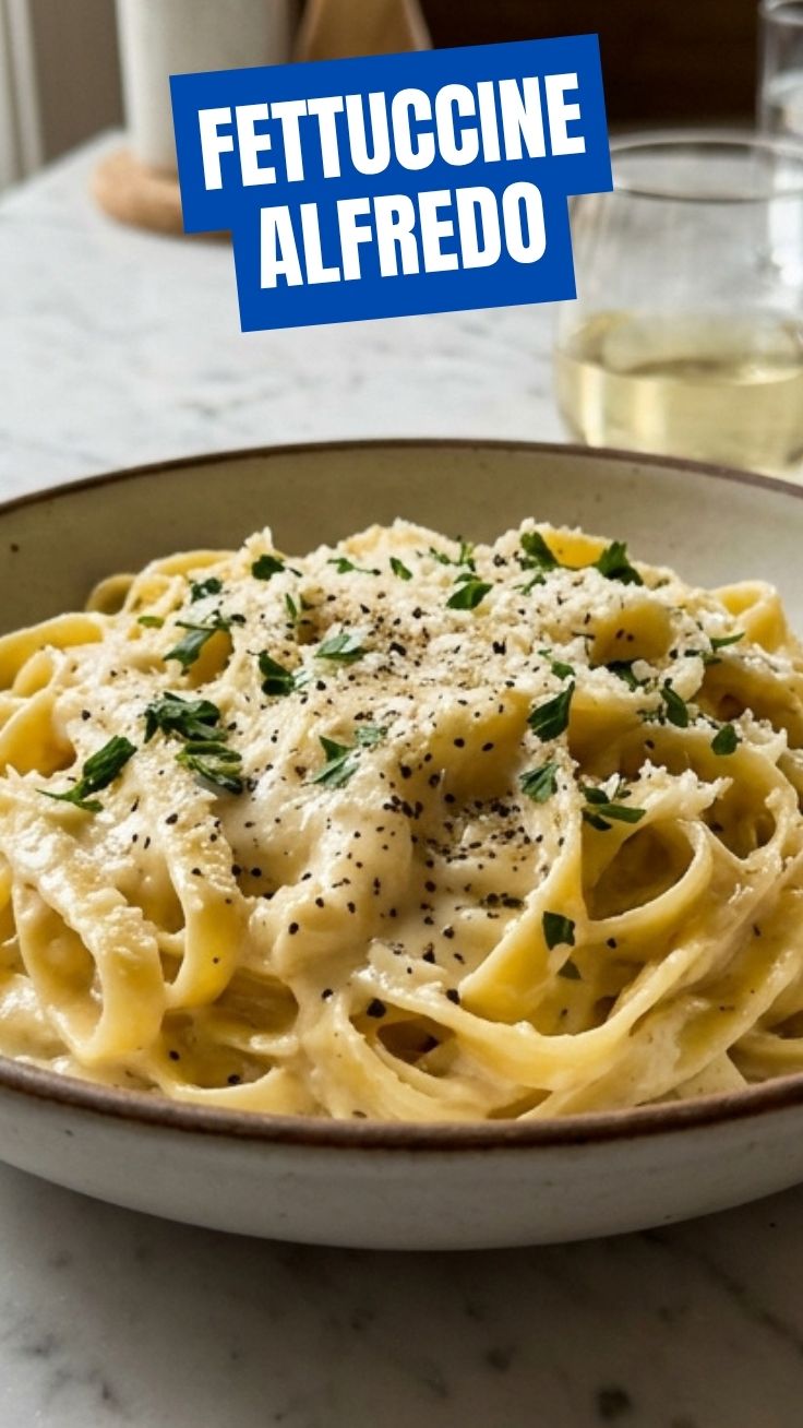A serving of creamy fettuccine alfredo garnished with parsley