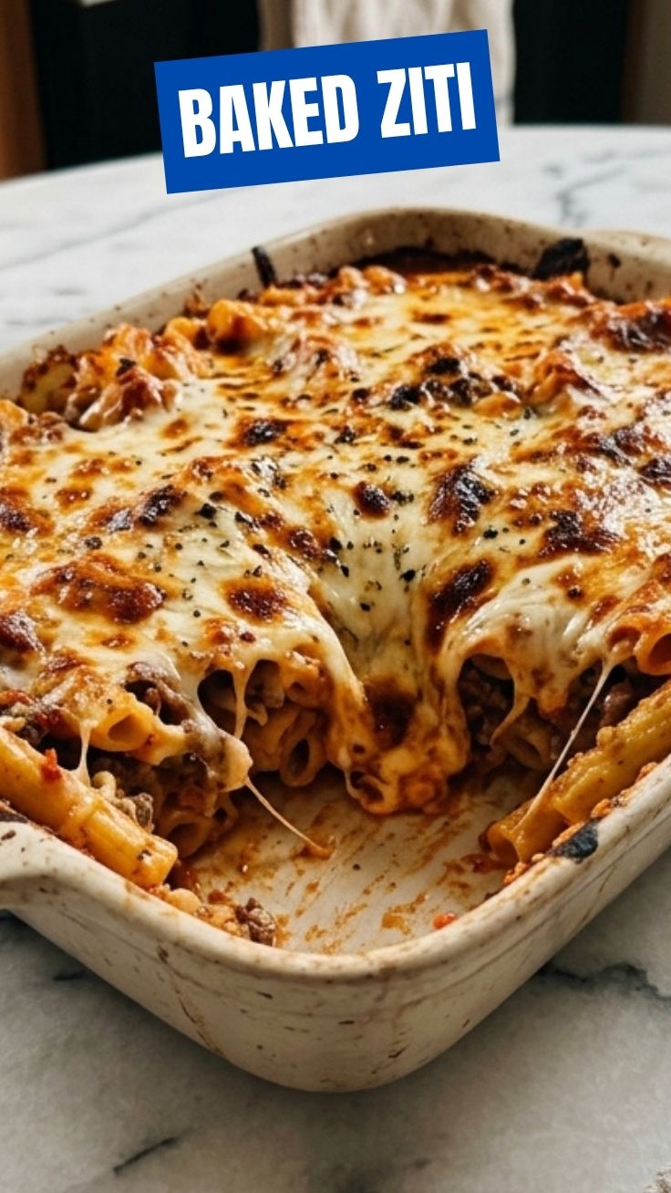 A steaming dish of baked ziti with melted cheese and rich tomato sauce.