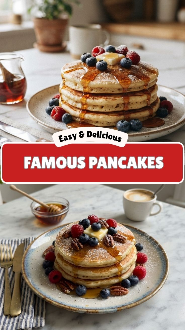 Stack of fluffy pancakes with butter and syrup