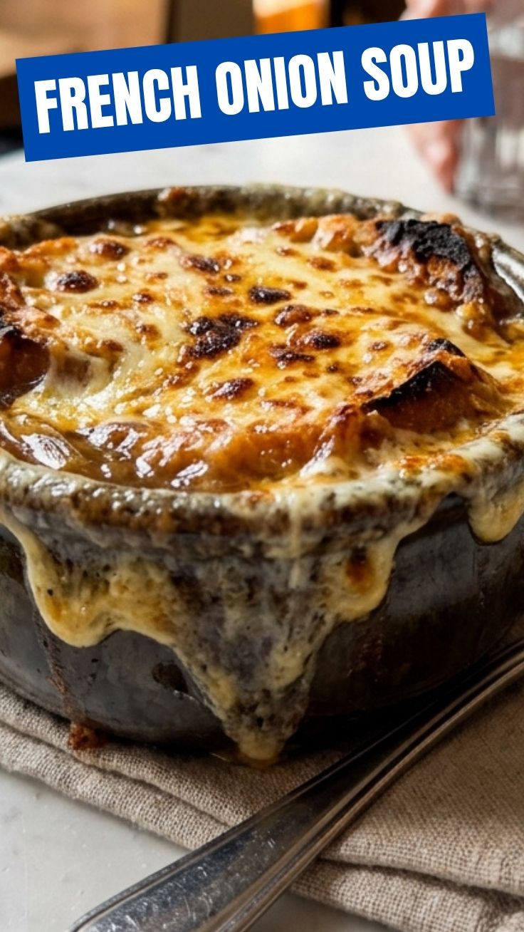 A bowl of delicious French Onion Soup topped with melted cheese and croutons.