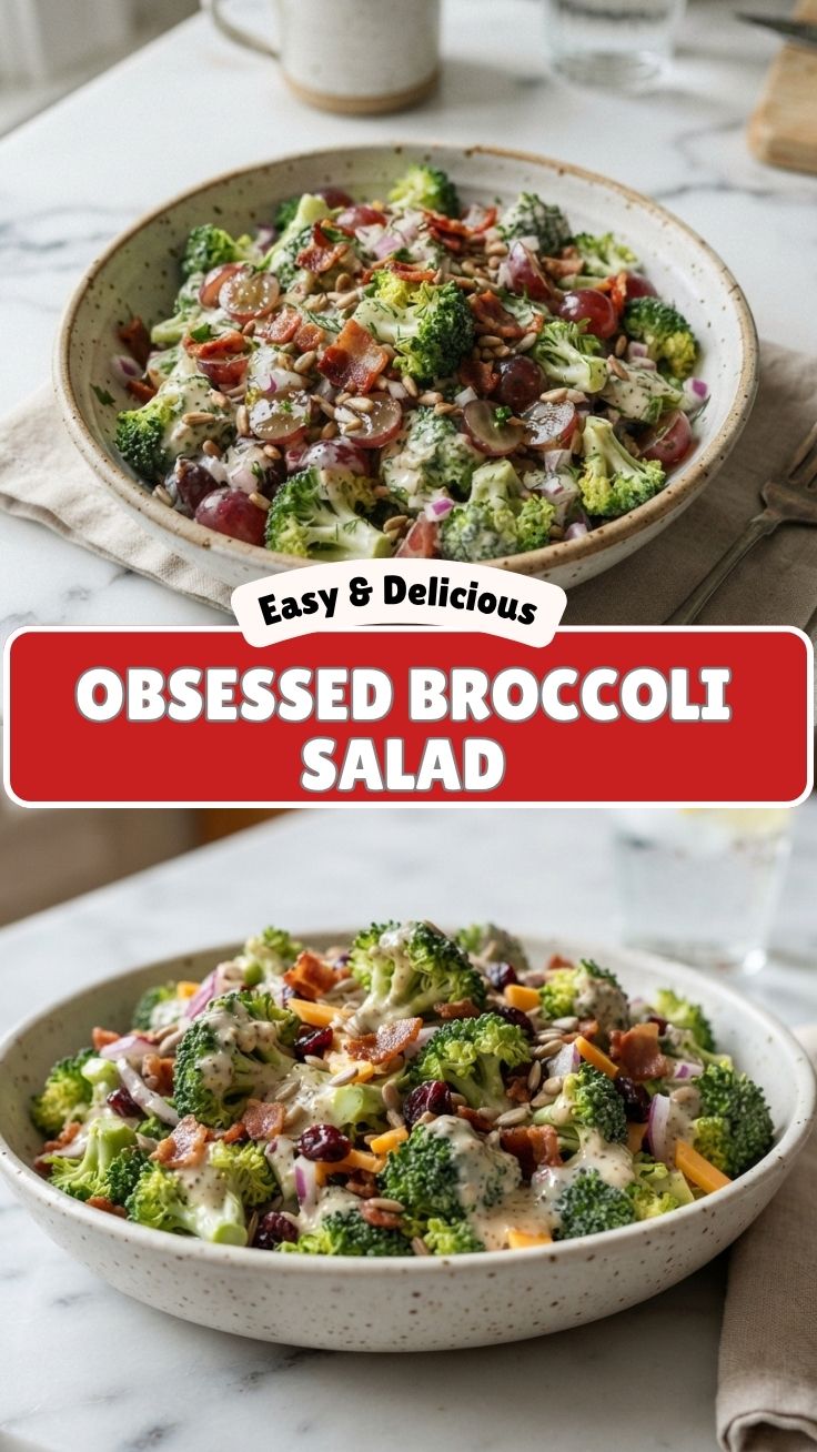 fresh broccoli salad in a ceramic bowl