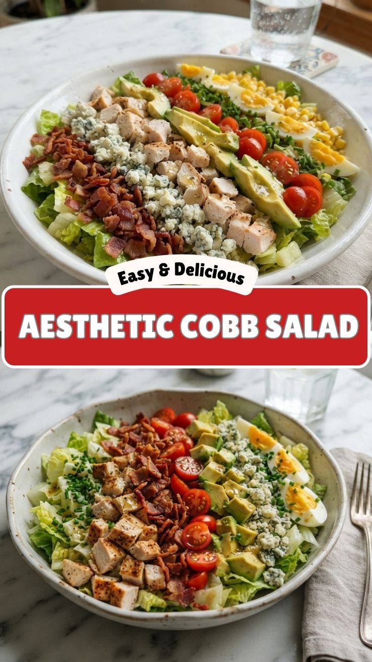 Fresh Cobb Salad with all ingredients arranged in rows