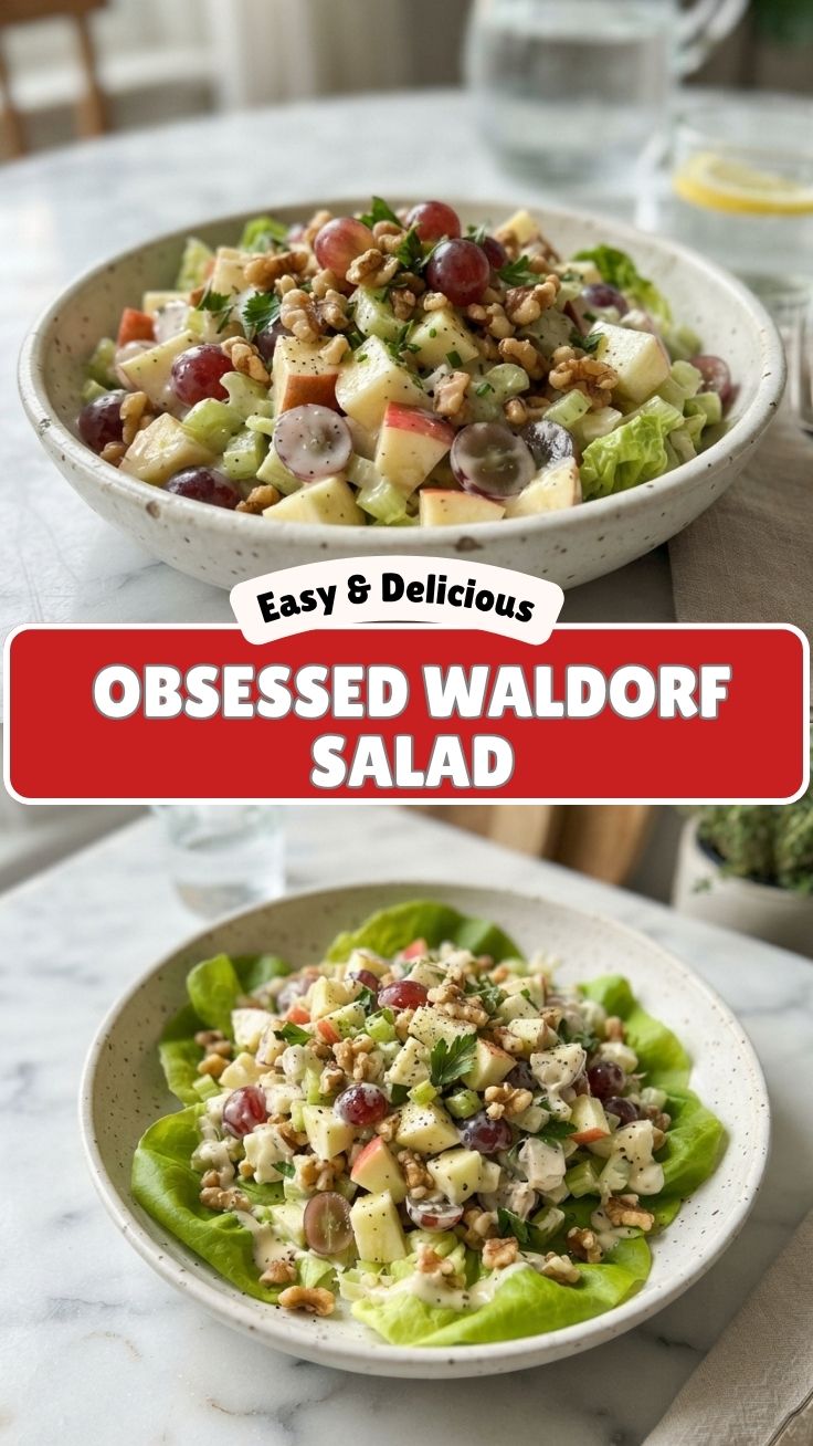 Fresh Waldorf Salad with apples, celery, walnuts, and grapes on a white plate