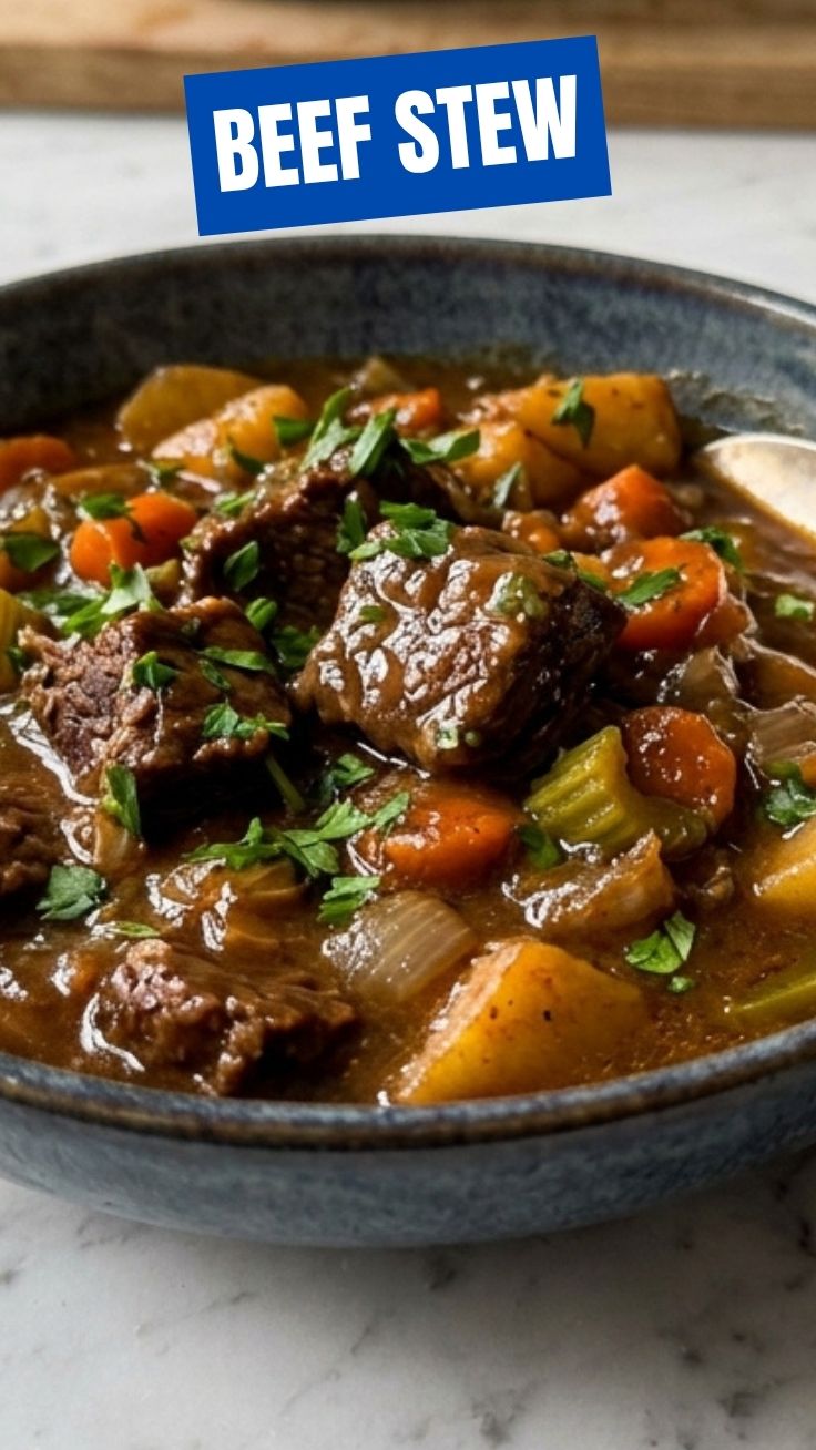 A bowl of hearty beef stew with carrots and potatoes