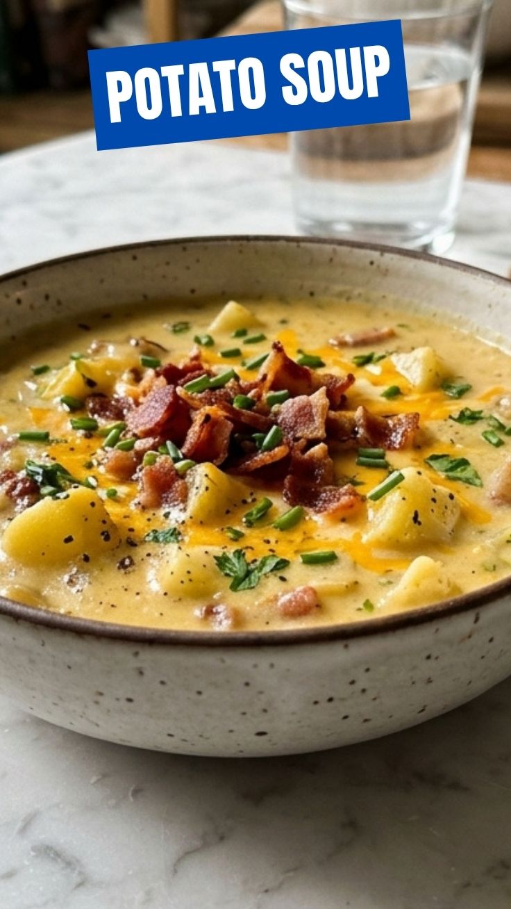 A steaming bowl of hearty potato soup, garnished with chives.