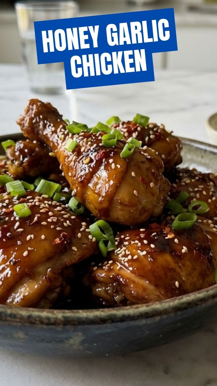 A serving of glazed honey garlic chicken on a plate, garnished with fresh herbs.
