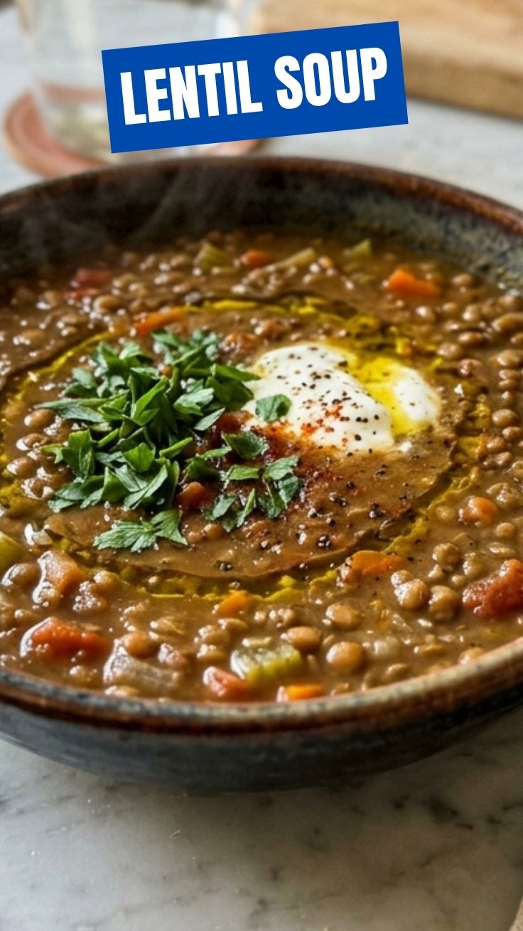 A bowl of warm, rich lentil soup garnished with herbs.